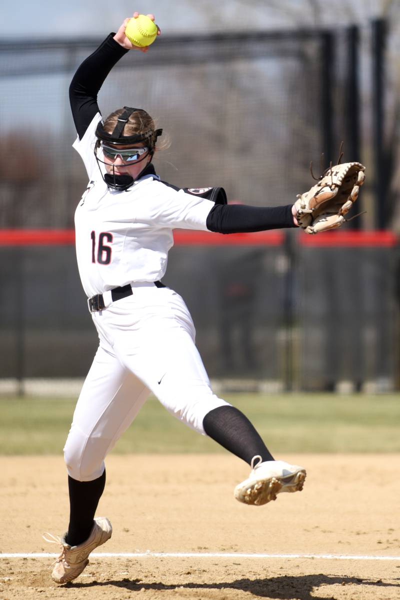 Bradley-Bourbonnais' Abbie Hofbauer throws a pitch during a home game against Herscher Monday, March 24, 2025.