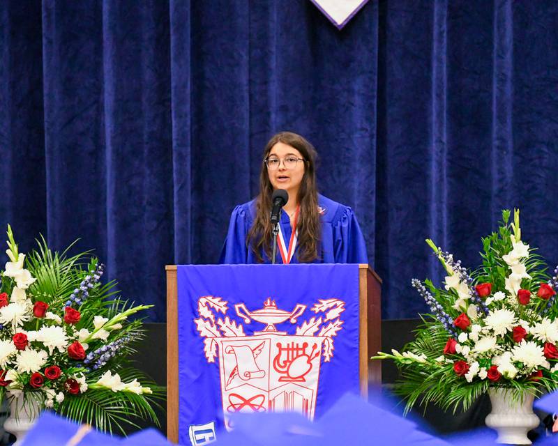Emily Puchalski the Student Council Executive President addresses the graduating class at Glenbard South High School during graduation held on Thursday May 23, 2024.