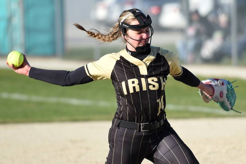 Bishop McNamara's Joslynn Dole throws a pitch during a home game against Peotone Monday, March 23, 2026.