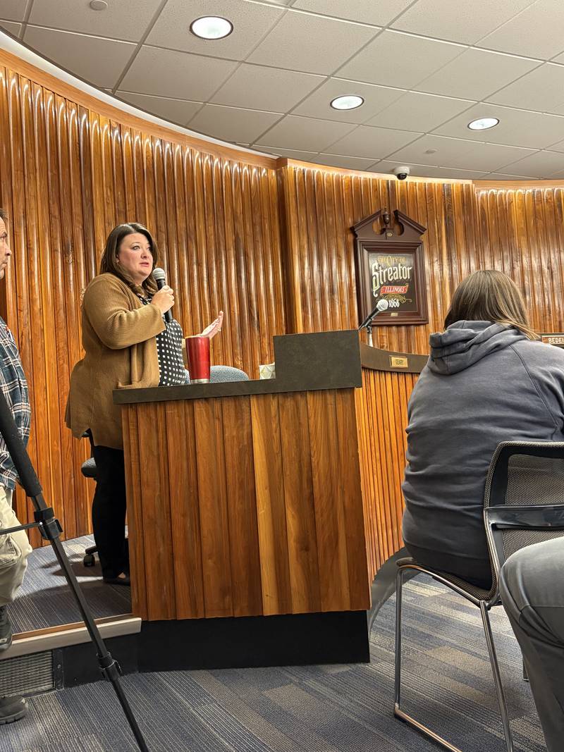 Streator Mayor Tara Bedei speaks Tuesday, Oct. 16, 2024, during a special city meeting about the recent gunfire violence in the community.