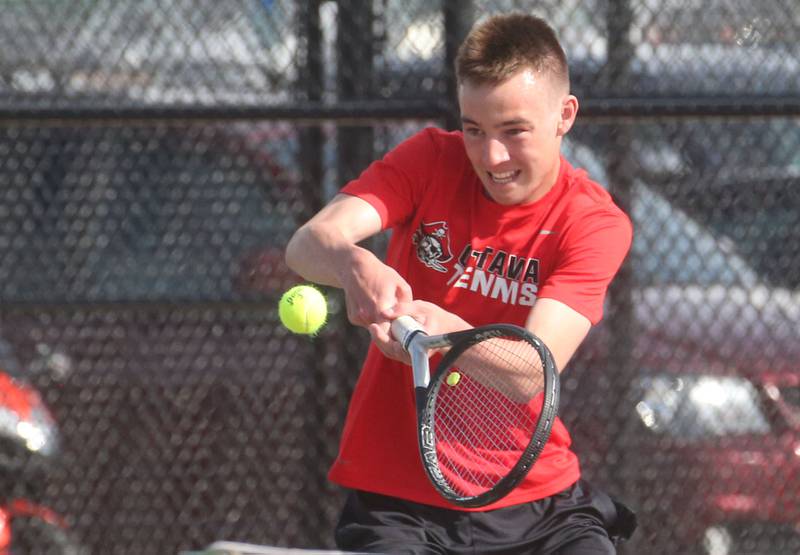 Ottawa's Kaden Araujo hits the ball to the L-P side of the court on Tuesday, April 22, 2025 at the L-P Athletic Complex in La Salle.