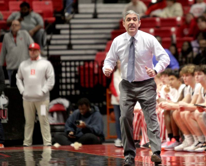 Benet Head Coach Gene Heidkamp yells to his team during the Class 4A NIU Supersectional against Rockford Auburn in DeKalb on Monday, March 6, 2023.