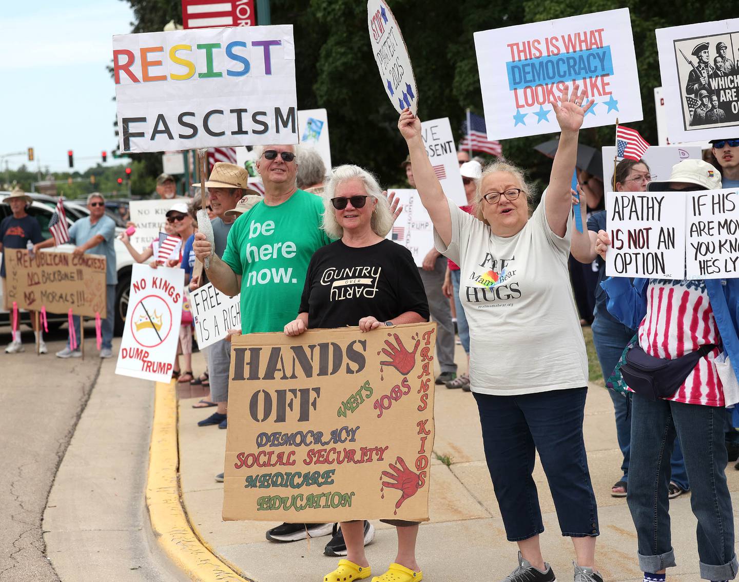 Protesters wave at cars honking in support Saturday, July 4, 2025, at the corner of Main and State Streets in front of the DeKalb County Courthouse in Sycamore during a "No Kings" rally to voice their displeasure with President Donald Trump.