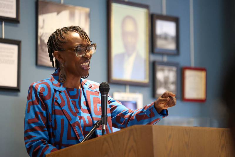 Monica Fountain, daughter of the late Kankakee civil rights leader Rev. William Copeland, gives a speech during the opening of the exhibit 'Called to Kankakee: The Life and Legacy of the Rev. William H. Copeland Jr.' at the Kankakee County Museum on Saturday, Feb. 7, 2026.