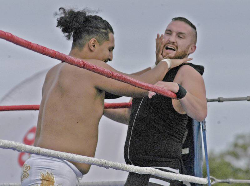 ZOWA wrestlers Akuira and C.J. Esparza mix it up at the Taco Throwdown Events Sponsored by Rock Falls Tourism. Event at RB&W District September 27th, 2024.
