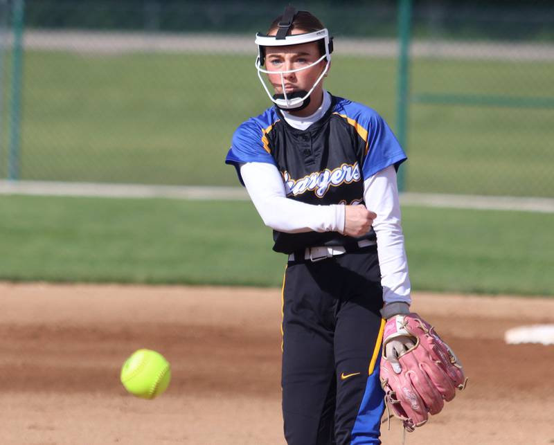 Aurora Central Catholic’s Corina Miller deals in IHSA Class 2A Regional Title Game action softball at Marengo High School in Marengo on Friday, May 23, 2025.