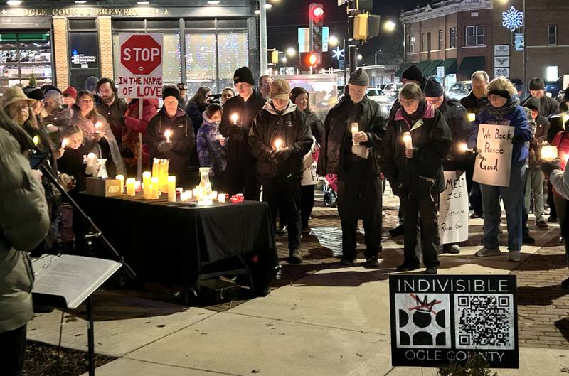 A moment of silence was followed by prayer during a candlelight vigil on Friday, Jan. 9, 2026, in Oregon for Renee Nicole Good, a Minnesota woman who was shot and killed during an Immigration and Customs Enforcement (ICE) operation on Wednesday, Jan. 7 in Minneapolis. The event was organized by Indivisible of Ogle County.