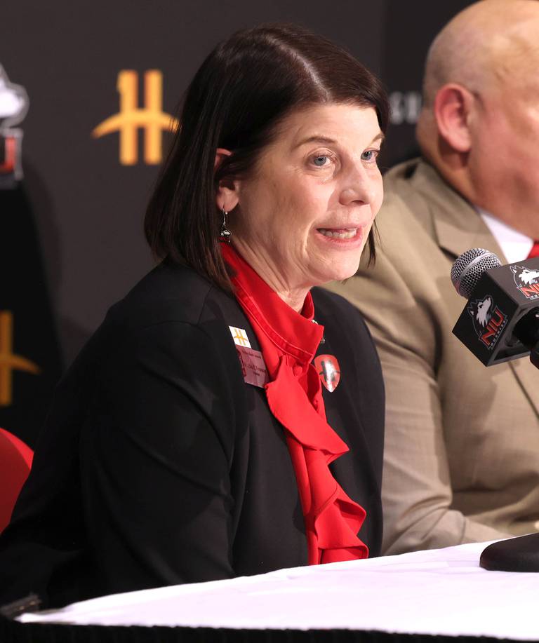 Northern Illinois University President Lisa Freeman speaks during a press conference Thursday, Feb. 27, 2025, at the Convocation Center announcing that NIU will be joining the Horizon League starting with the fall 2026 season for most sports other than football.