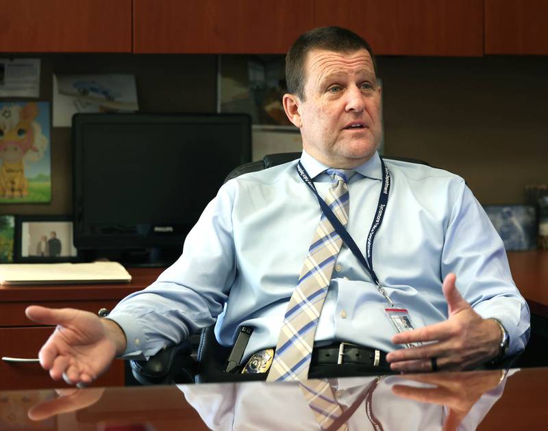 Sycamore Police Chief Jim Winters talks about his career Friday, March 14, 2025, in his office at the Sycamore Police Department. Winters will be retiring later this month.