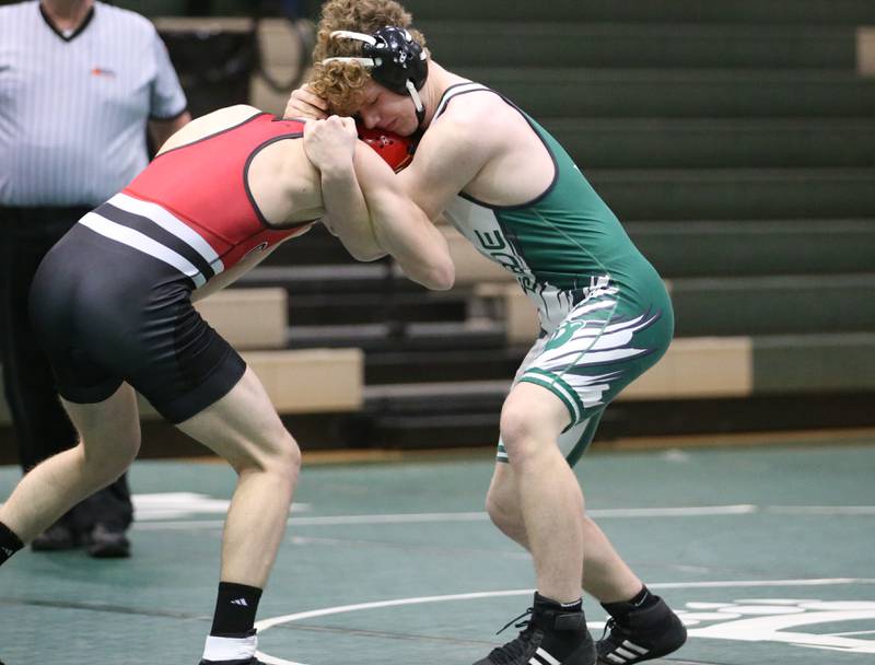 St. Bede's Jack Maschmann wrestles Orion's Mason Anderson during a triangular meet on Wednesday, Jan. 18, 2023 at St. Bede Academy.
