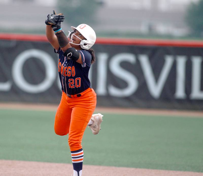 Oswego's Jaelynn Anthony celebrates a double during a IHSA Class 4A state semifinal game against Oak Park-River Forest on Friday, June 13, 2025 at the Louisville Slugger Sports Complex in Peoria.