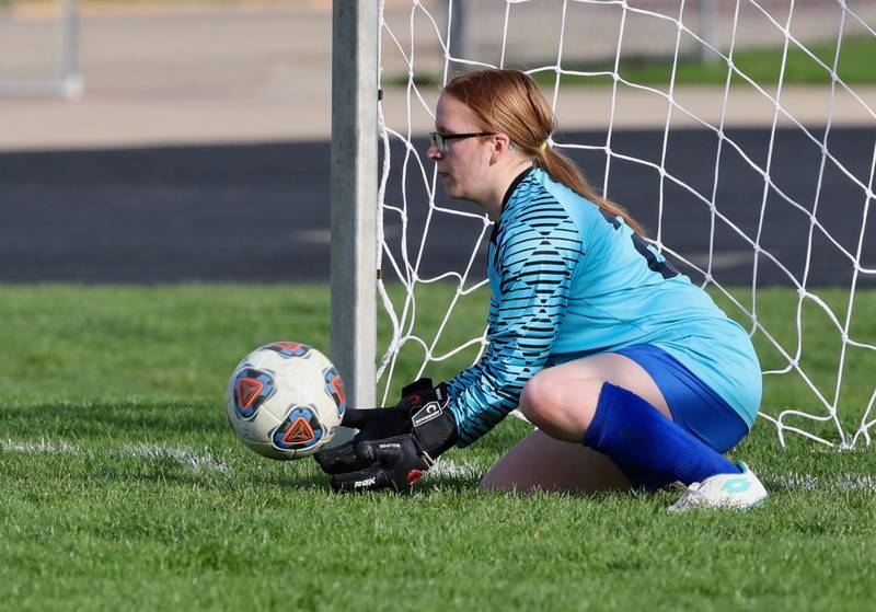 Princeton keeper Jayden Sims makes a save Thursday at Bryant Field.