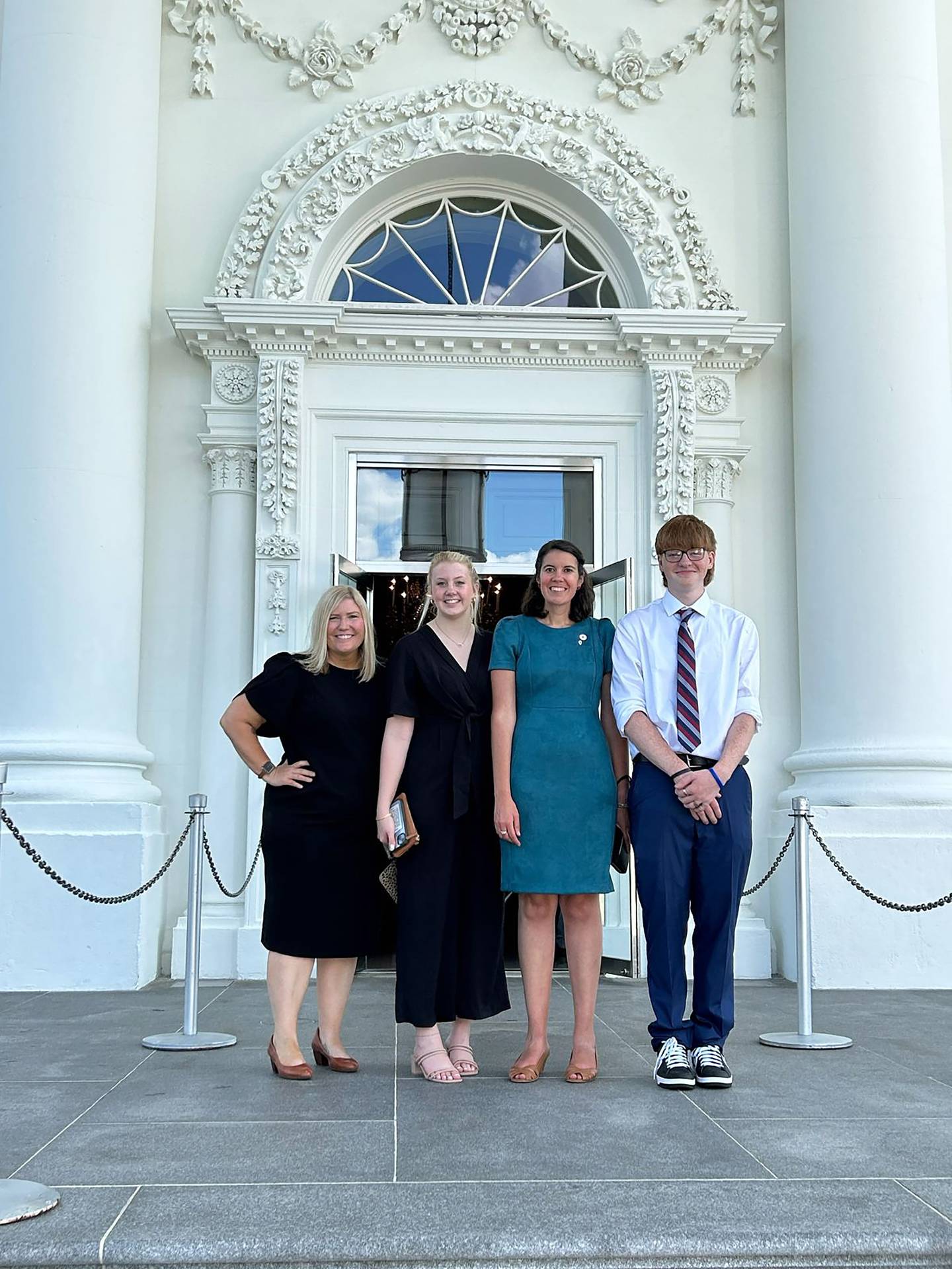 High school Spanish teacher and the 2022 Illinois Teacher of the Year Kimberly Radostits, center-right, was invited to an Aug. 26 back-to-school event at the White House in Washington, D.C. She brought with her Oregon Junior-Senior High School Assistant Principal Shannon Cremeens, left, and OJSHS seniors Nora Hammer, center-left, and Marcus Gilberto.