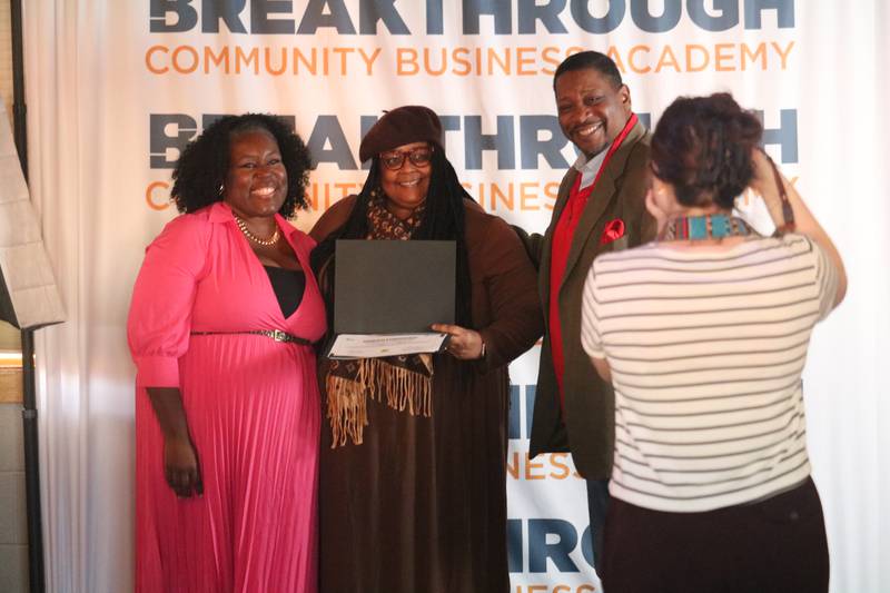 (Left to right) Danita Sims, Tonya Brown-Spicer and Glenn Roby pose for a picture Jan. 18, 2025, during a graduation ceremony to commemorate the inaugural cohort on completing the Breakthrough Community Business Academy.