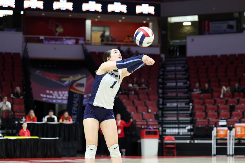 Cissna Park's Ella Schluter volleys the ball during the Timberwolves' victory in two sets, 25-11, 25-14, over Stockton in the IHSA Class 1A State championship on Saturday, Nov. 15, 2025.