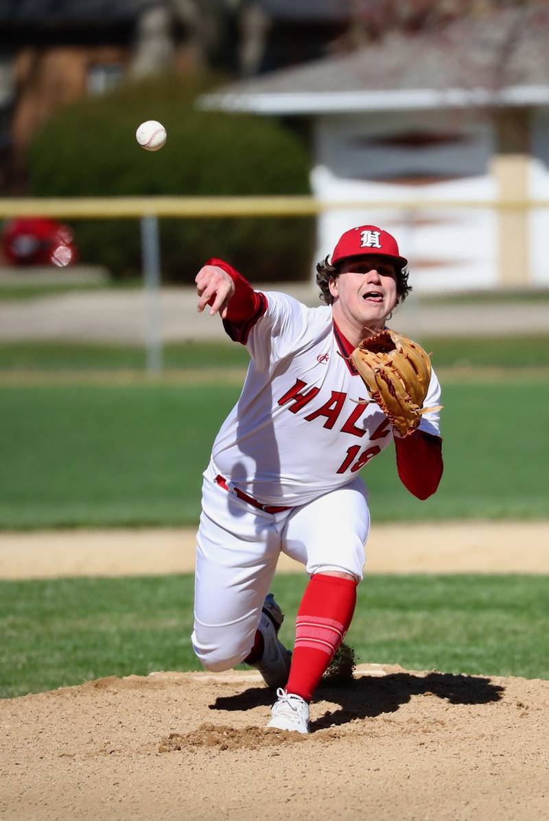 Hall's Pat Dye fires a pitch in Thursday's game at Kirby Park. He struck out 10 over six innings in a 10-1 win over rival Princeton.