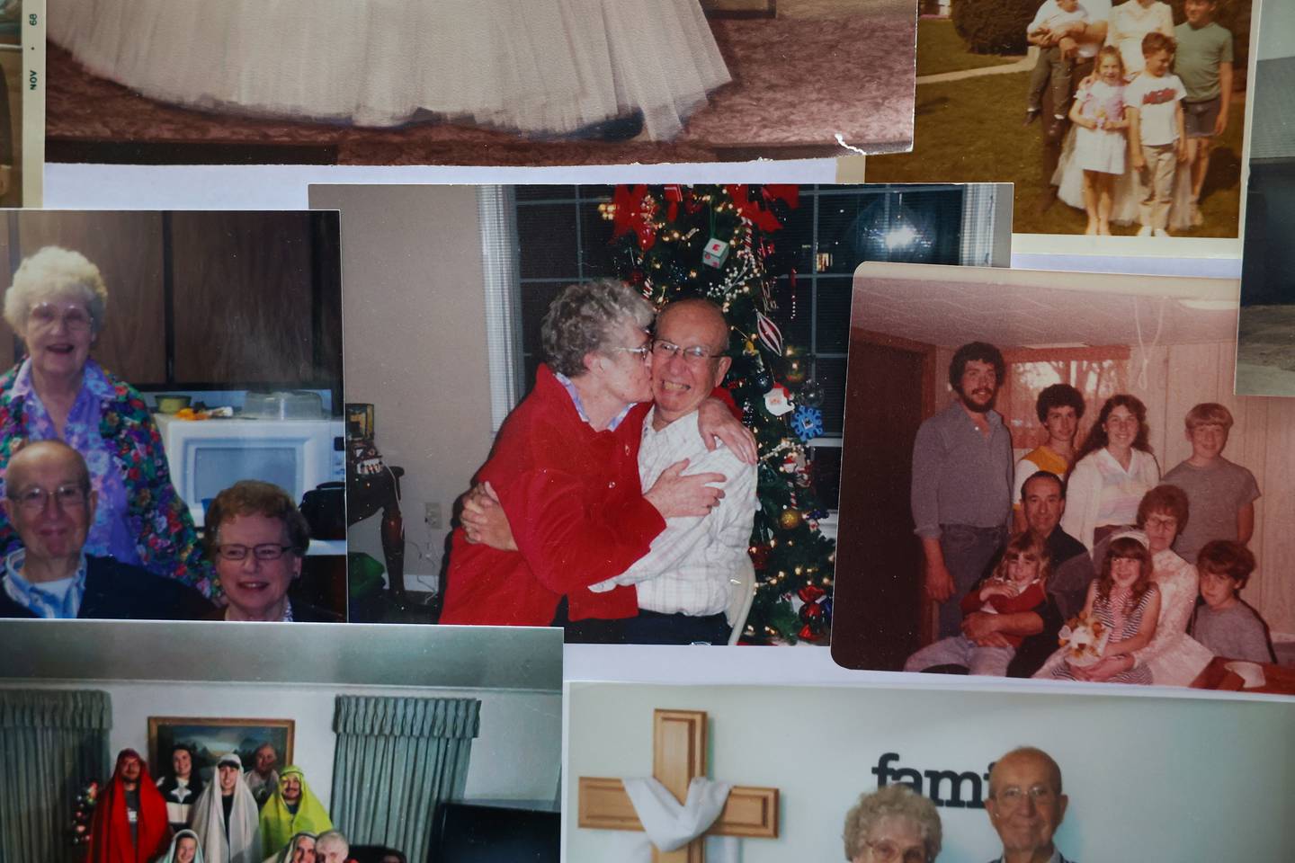 Photos of Pat and Wayne McCarty, of Bradley, are collaged on a board displayed at the celebration of life services for the couple on July 14.