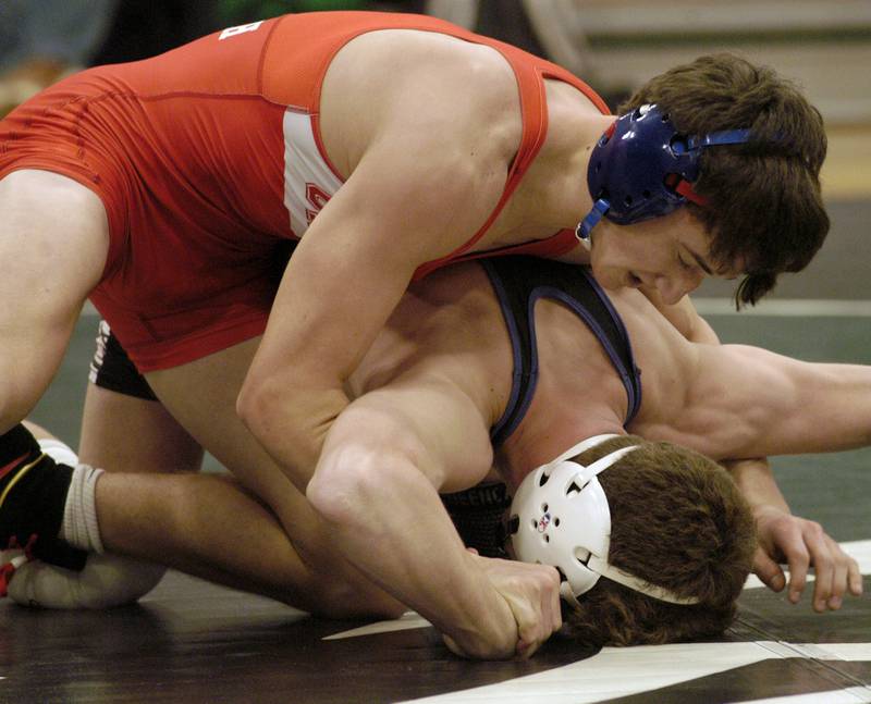 Oregon's Nelson Benesh takes down Dixon's Charlie Connors. Rock Falls, Dixon, Oregon and La-Salle Peru wrestle in meet at Rock Falls. The event took place on January 21, 2026.