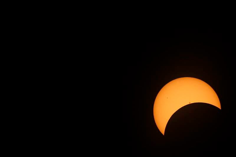 A stage of the partial eclipse on Monday, April 8, 2024, at the Crystal Lake Park District's Nature Center.
