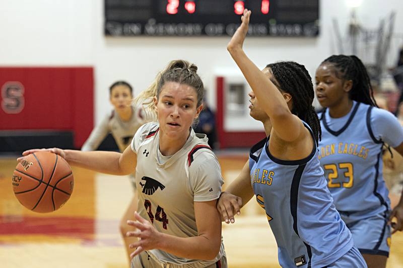 Sauk Valley College’s Ella Govig handles the ball against Rock Valley Tuesday, Nov. 21, 2023 at SVCC.