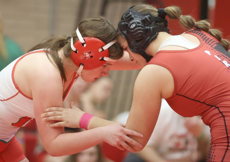 L-P's Emma Tomlinson, wrestles Ottawa's Jaiyden Provance, during a meet on Thursday Jan. 8, 2026 in Kingman Gymnasium at Ottawa High School.