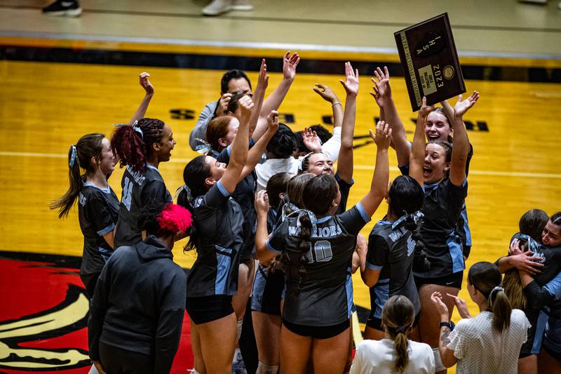 Willowbrook celebrates winning the super-sectional game against Joliet West on Friday Nov. 3, 2023 at Bolingbrook High School