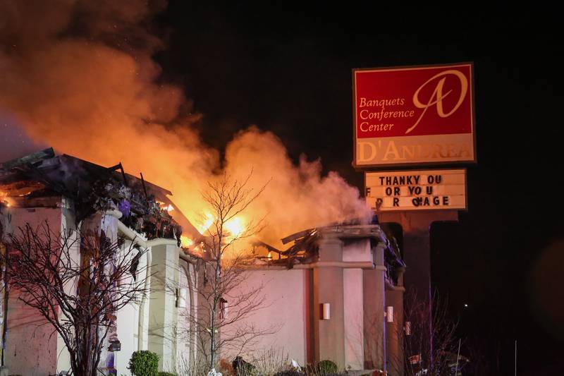 Crews responded to a fire Saturday, April 16, 2022, at D’Andrea Banquets and Conference Center, 4419 Route 14 in Crystal Lake. The building suffered a partial roof collapse and was considered a total loss, fire officials said.