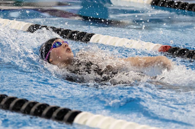 Lincoln-Way Central’s Emma Rapcan competes in the 200 Yard Medley Relay during the IHSA Girls State Swimming Preliminaries at FMC Natatorium in Westmont on Nov. 14, 2025.