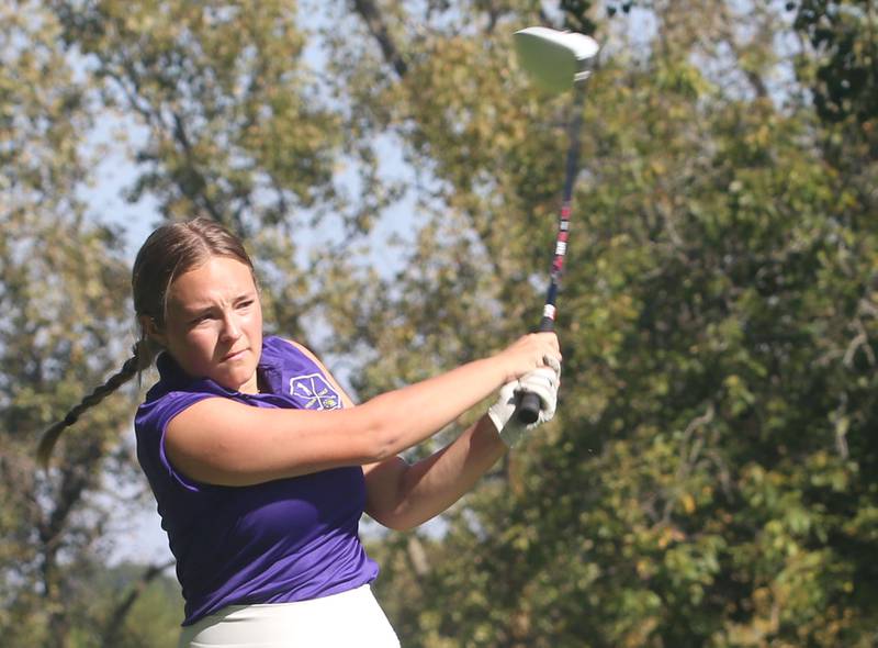 Mendota's Kate Mikolasek tees off during the Class 1A Regionals on Tuesday, Sept. 30, 2025 at Spring Creek Golf Course in Spring Valley.