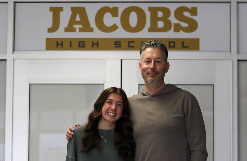 Jacobs High School senior Kaitlyn Tomaszewski with Jacobs’ teacher and coach Jimmy Roberts on Tuesday, April 22, 2025, at the school in Algonquin.
