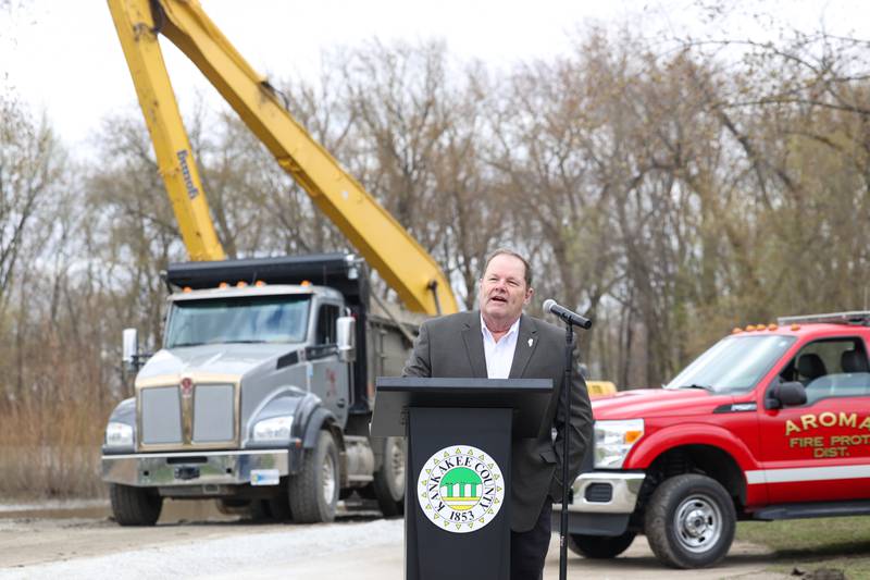 State Sen. Patrick Joyce, D-Essex, speaks at a kick-off event for the Kankakee River sediment removal project at the Aroma Park boat ramp on Tuesday, April 15, 2025. Joyce secured a $1 million grant from the state for Kankakee County for the project.