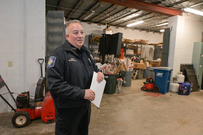 Geneva Police Chief Eric Passarelli talks about the limited garage storage for police vehicles and other equipment during a tour on Friday, Jan. 9, 2026.  A $59.4 million public safety referendum will be on the March 17, 2026 primary ballot.