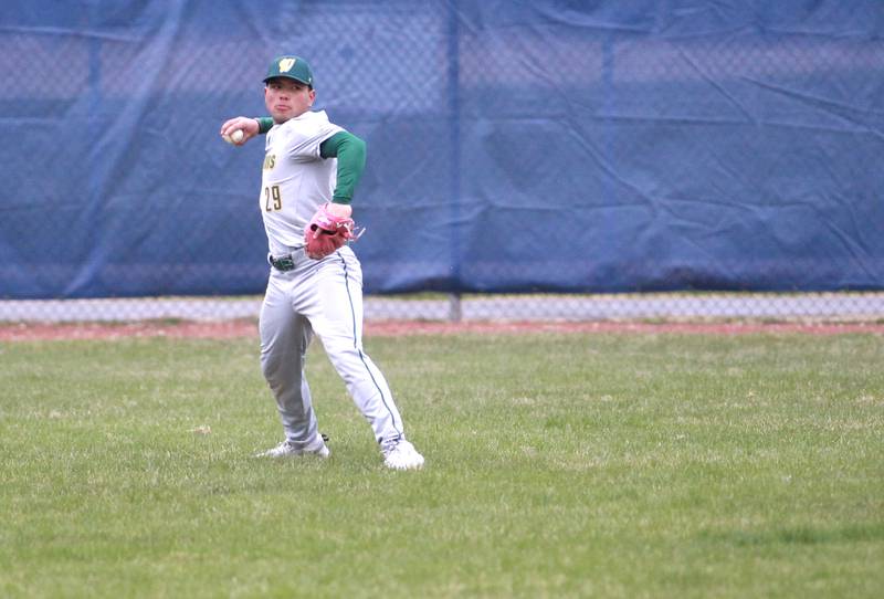 Waubonsie Valley's Hiroshy Wong throws the ball in from left field during a game against Geneva on Wednesday, April 9, 2025 in Geneva.