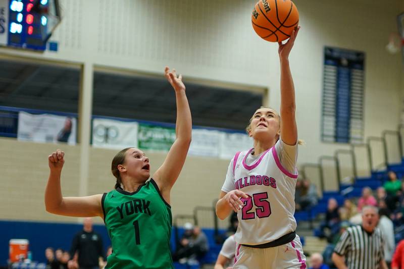 Batavia’s Samantha Jansey (25) shoots the ball in the post against York's Cate Carter (1) during a Class 4A Geneva Regional final basketball game at Geneva High School on Thursday, Feb. 20, 2025.