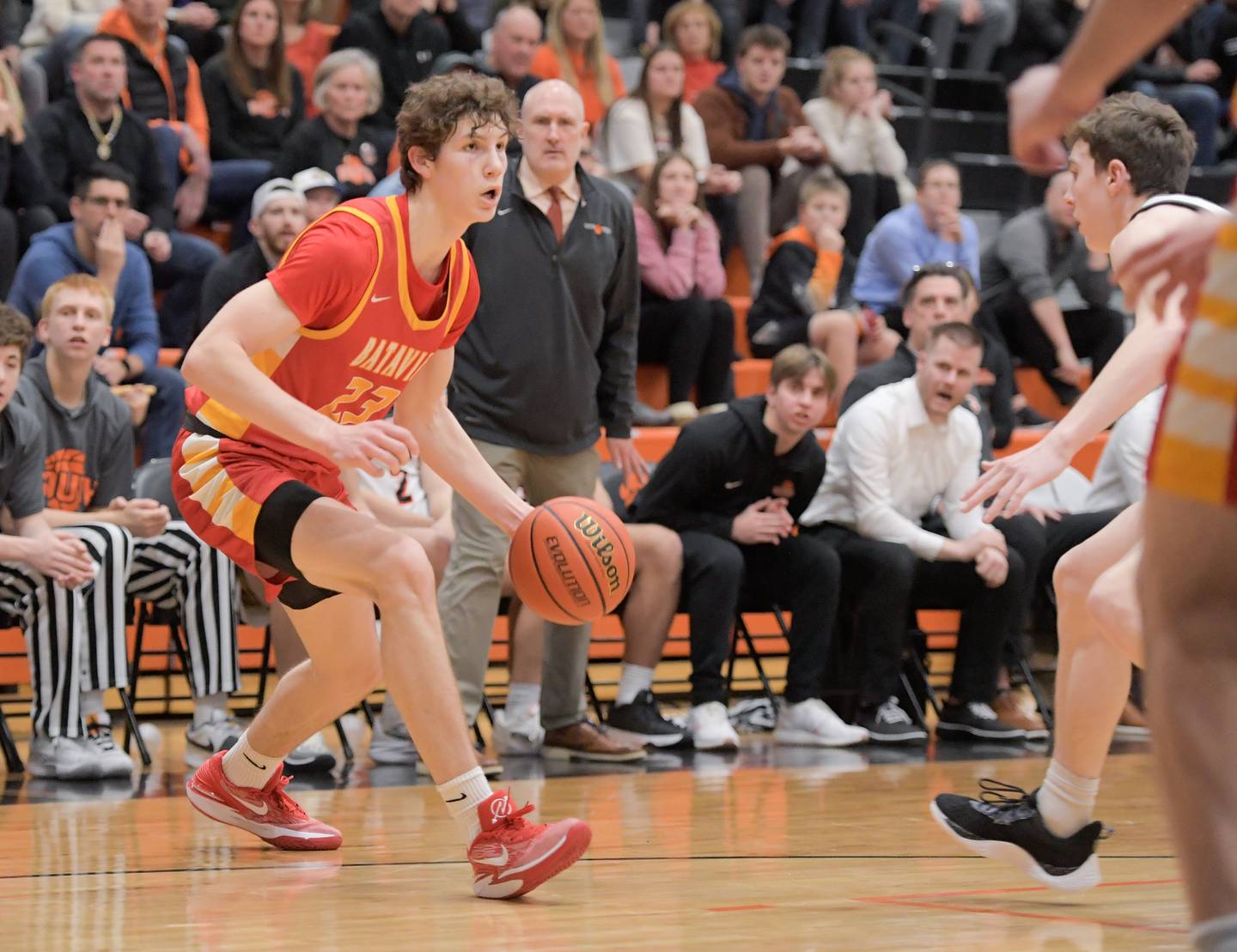 Batavia's Jax Abalos (23) moves the ball in against Wheaton Warrenville South on Saturday, January 6, 2024.