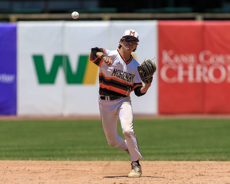 McHenry's Ryan Nagel (14) throws to first during the Class 4A Supersectional game between York at McHenry.  June 7, 2022.