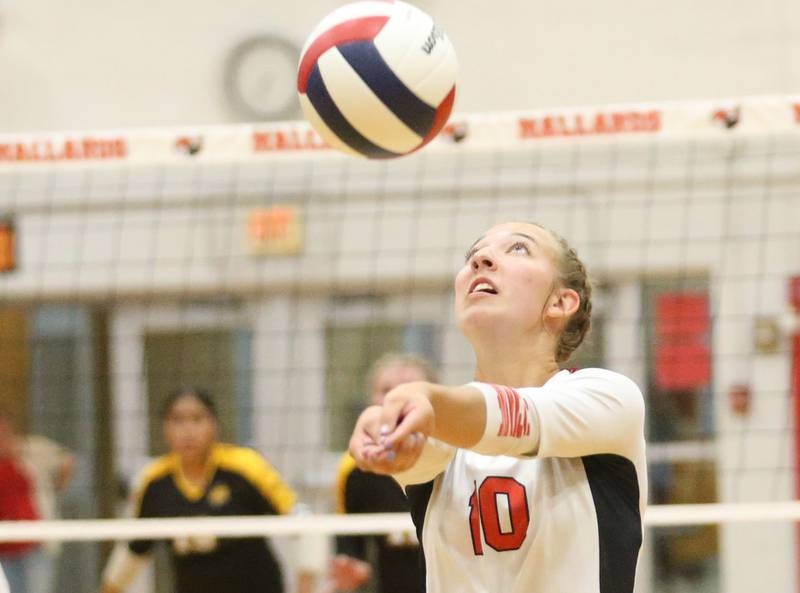 Henry-Senachwine's Rachel Eckert bumps the ball in the air against Putnam County on Thursday, Aug. 28, 2025 at Henry-Senachwine High School.