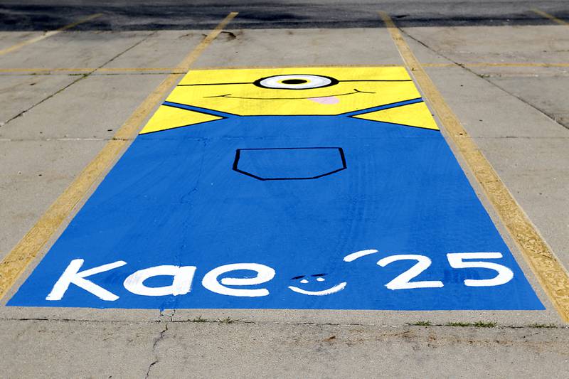 A finished Minion inspired painted parking spot on Tuesday, Aug. 13, 2024, at Marion Central Catholic High School.