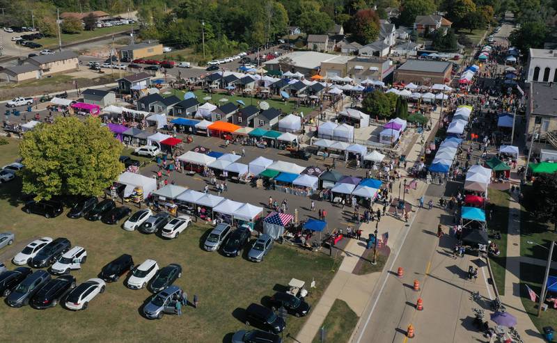 An aerial view of the crowd at Market on Mill and Church Street during the 55th annual Burgoo Festival on Sunday, Oct. 12, 2025 in Utica.
