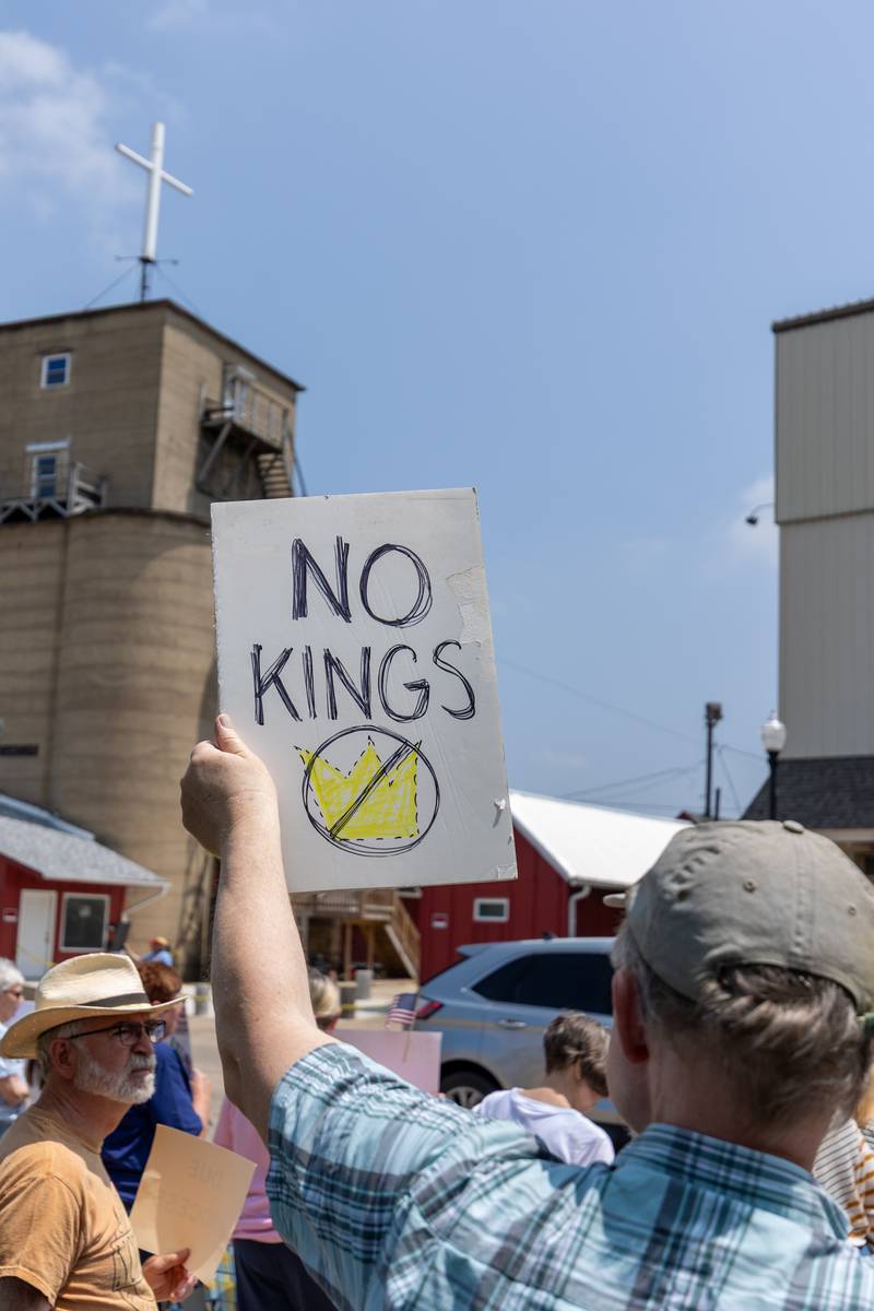 Protester holds sign at the “No Kings” protest on Saturday, June 14, 2025 at Rotary Park in Princeton.