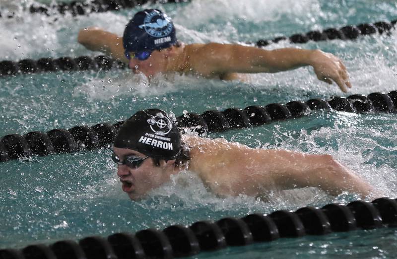 Cary-Grove’s Matthew Herrom \foreground) and D300 Co-op’s Gabe Niemi compete in the 100 Cary-Grove’s Matthew Herrom (foreground) and D300 Co-op’s Gabe Niemi compete in the 100 butterfly during the Fox Valley Conference Invitational swim meet on Saturday,  Feb. 15, 2025, at Woodstock North High School.