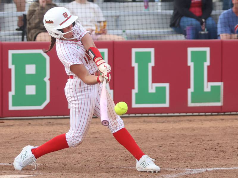 L-P's Karmen Piano makes contact with the ball against Morton on Friday, March 20, 2026 at the L-P Athletic Complex in La Salle.
