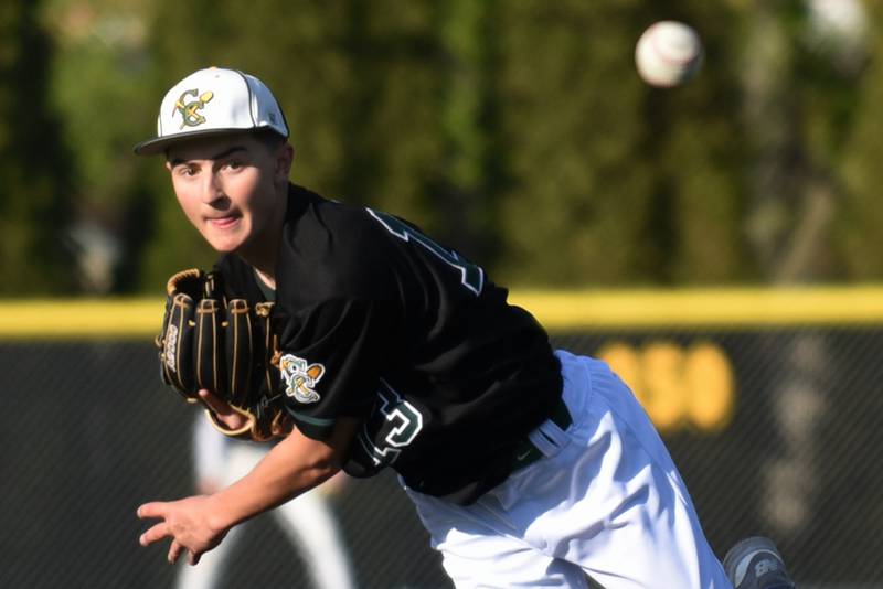 Coal City's Connor Henline throws a pitch during a game at Herscher Monday, April 20, 2026.