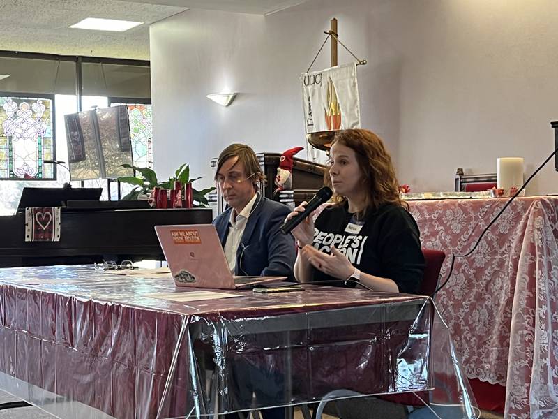 Ben Ruddell, director of criminal justice policy for ACLU of Illinois, (left) and Katrina Baugh, west suburban organizer for The People’s Lobby, deliver a presentation about the elimination of cash bail on Saturday, Feb. 3, at the Universalist Unitarian Church of Joliet.