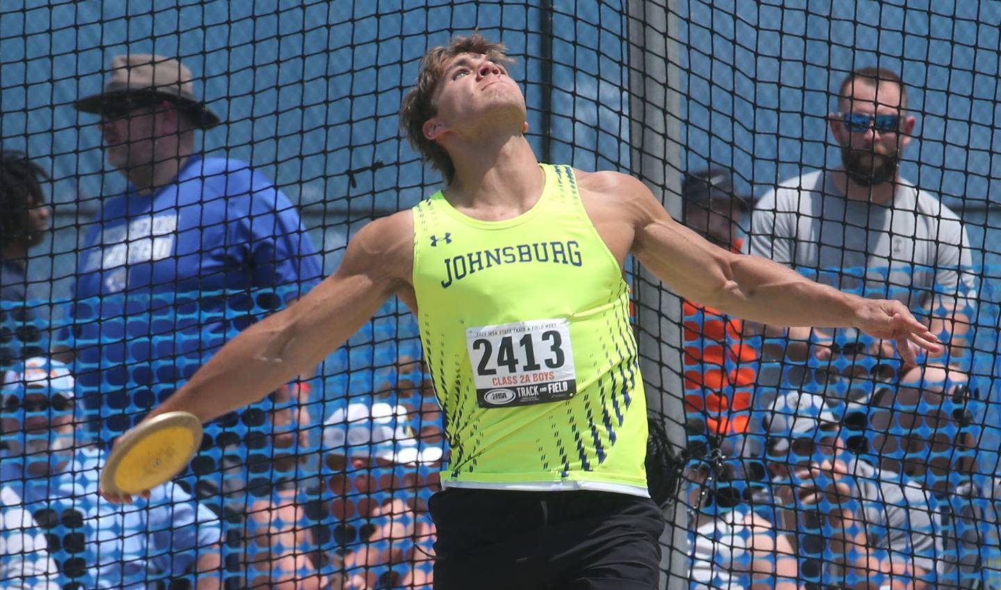 Johnsburg's Brett Centnarowicz throws discus during the IHSA Class 2A Boys Track & Field State Finals on Saturday, May 31, 2025 at Eastern Illinois University in Charleston.