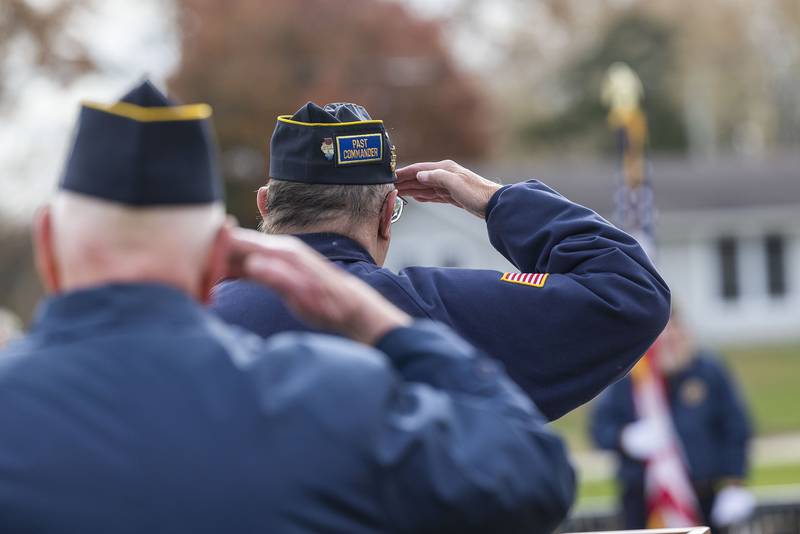 George Schneider and Mike Barney salute as the colors are presented Tuesday, Nov. 11, 2025, in Dixon.