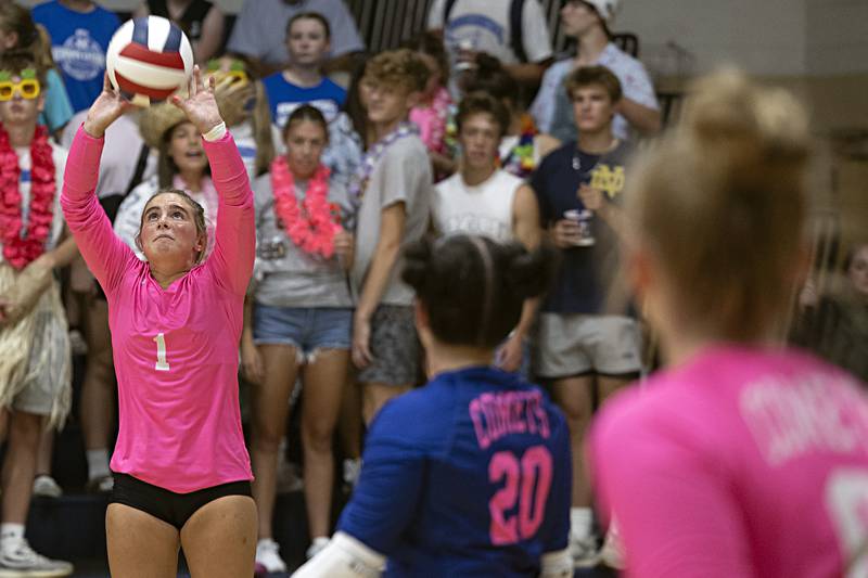 Newman’s Sam Ackman sets the ball against Oregon Wednesday, Sept. 6, 2023 at Newman High School.