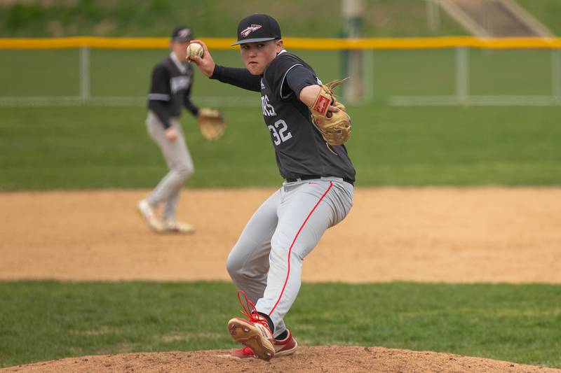Brayden Matsko (32) of Streator/Woodland pitches on Thursday, April 10, 2025 at St. Bede High School in Peru.