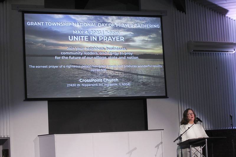 Nancy Rogers, Grant Township Administrative Assistant, shares her testimony of faith in government Thursday, May 4, 2023, during the Grant Township National Day of Prayer Gathering at CrossPoint Church in Ingleside.