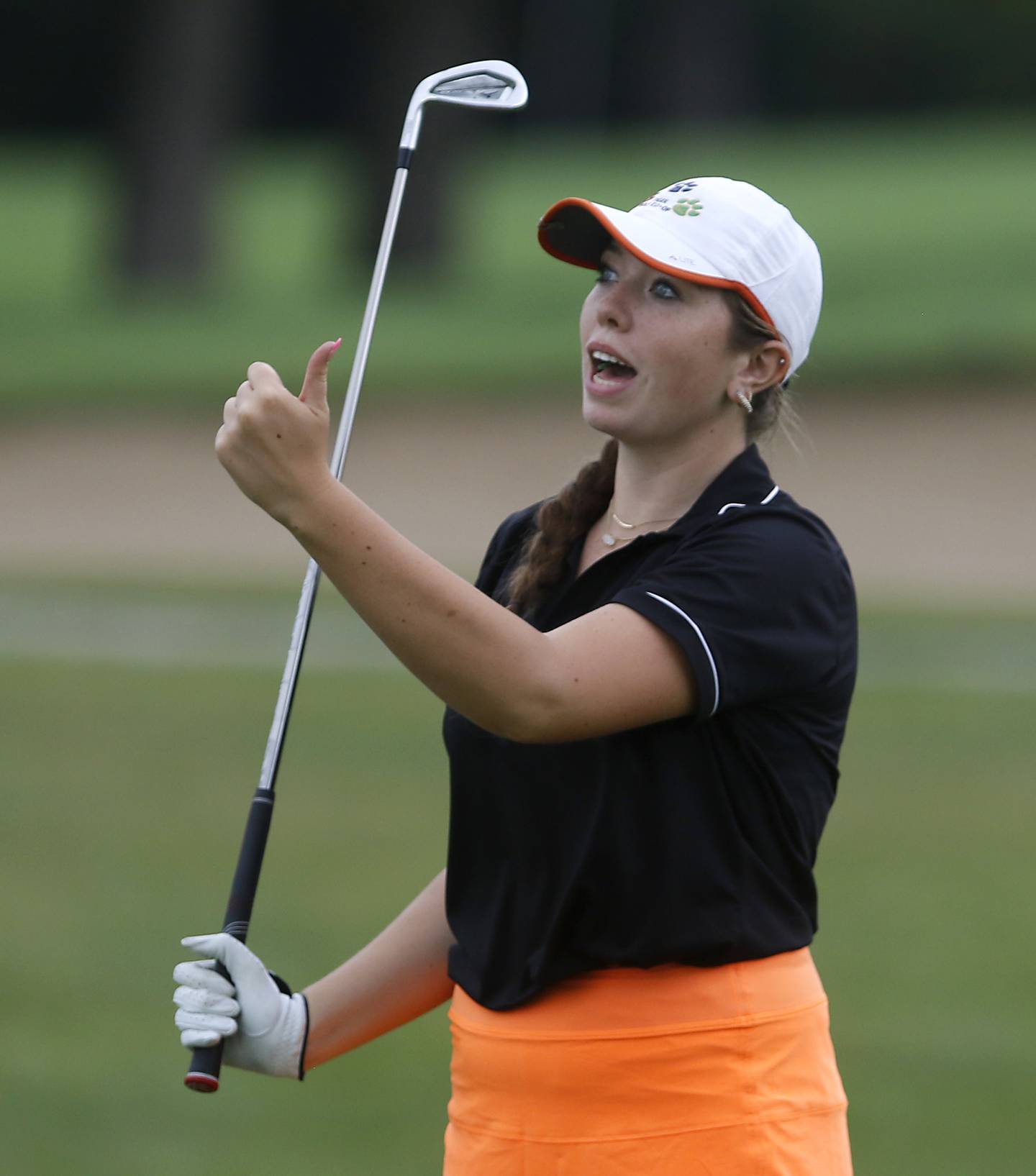 Crystal Lake Co-op’s Delaney Medlyn tries to coax her ball on the16th hole during the Fox Valley Conference Girls Golf Tournament Wednesday, Sept. 20, 2023, at Crystal Woods Golf Club in Woodstock.
